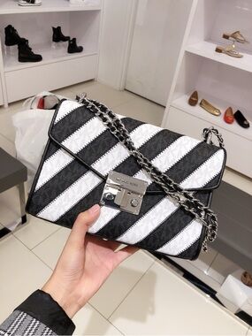 Michael Kors Black and White Diagonal Stripe Shoulder Bag
